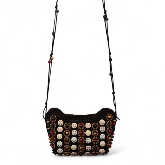 VTG Boho 90s Smiley Face Coconut Shell Beaded Festival Mini Crossbody Bag Y2K - Picture 2 of 12